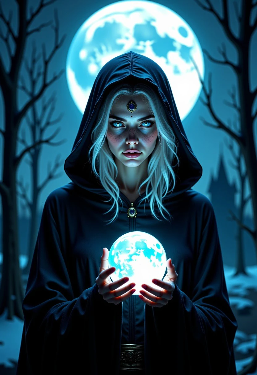 A mysterious woman with white medium-length hair and glowing blue eyes stands under a glowing full moon. She wears a black hooded cloak with a circlet on her forehead, freckles lightly scattered across her face. Her lips are closed, and her fingernails catch the moonlight as she holds a glowing orb. She gazes directly at the viewer, standing outdoors near a shadowy castle under a luminous night sky. The scene is rich with depth, cinematic lighting, and dramatic atmosphere—shot in a dynamic angle with high detail, shallow depth of field, and artistic color grading. Cloak flowing, long sleeves swaying, the air around her glows softly—evoking a masterwork of fantasy realism.