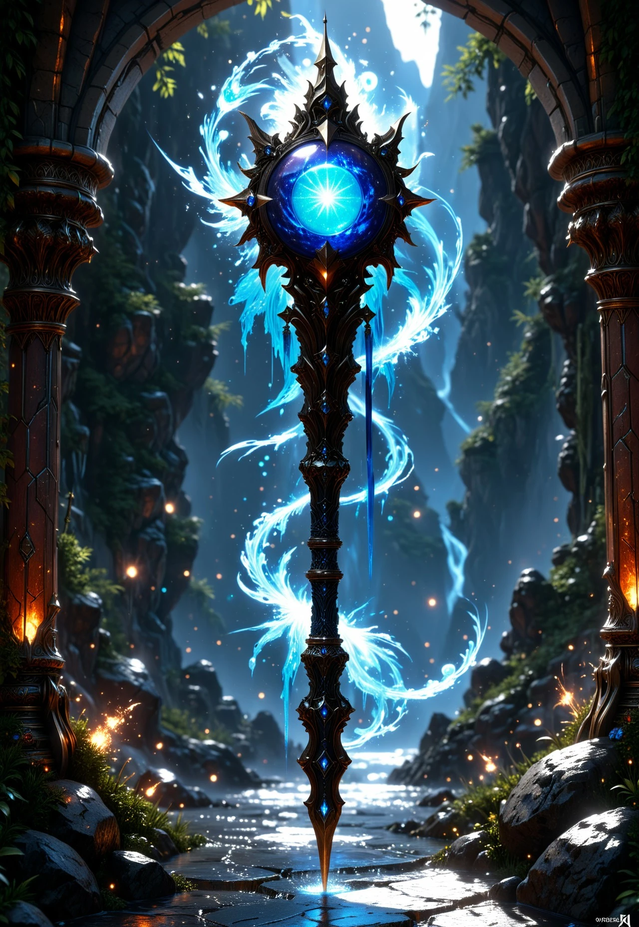 orb staff, Orbstaff Weapon, fantasy Orbstaff Weapon, science-fiction Orbstaff Weapon, Orbstaff Weapon aesthetic, elegant, majestic, detailed, ultra realistic, masterpiece, high detailed skin, high definition, high quality, anime cgi, detailed matte painting, deep color, fantastical, intricate detail, splash screen, complementary colors, fantasy concept art, 8k resolution, Unreal Engine 5