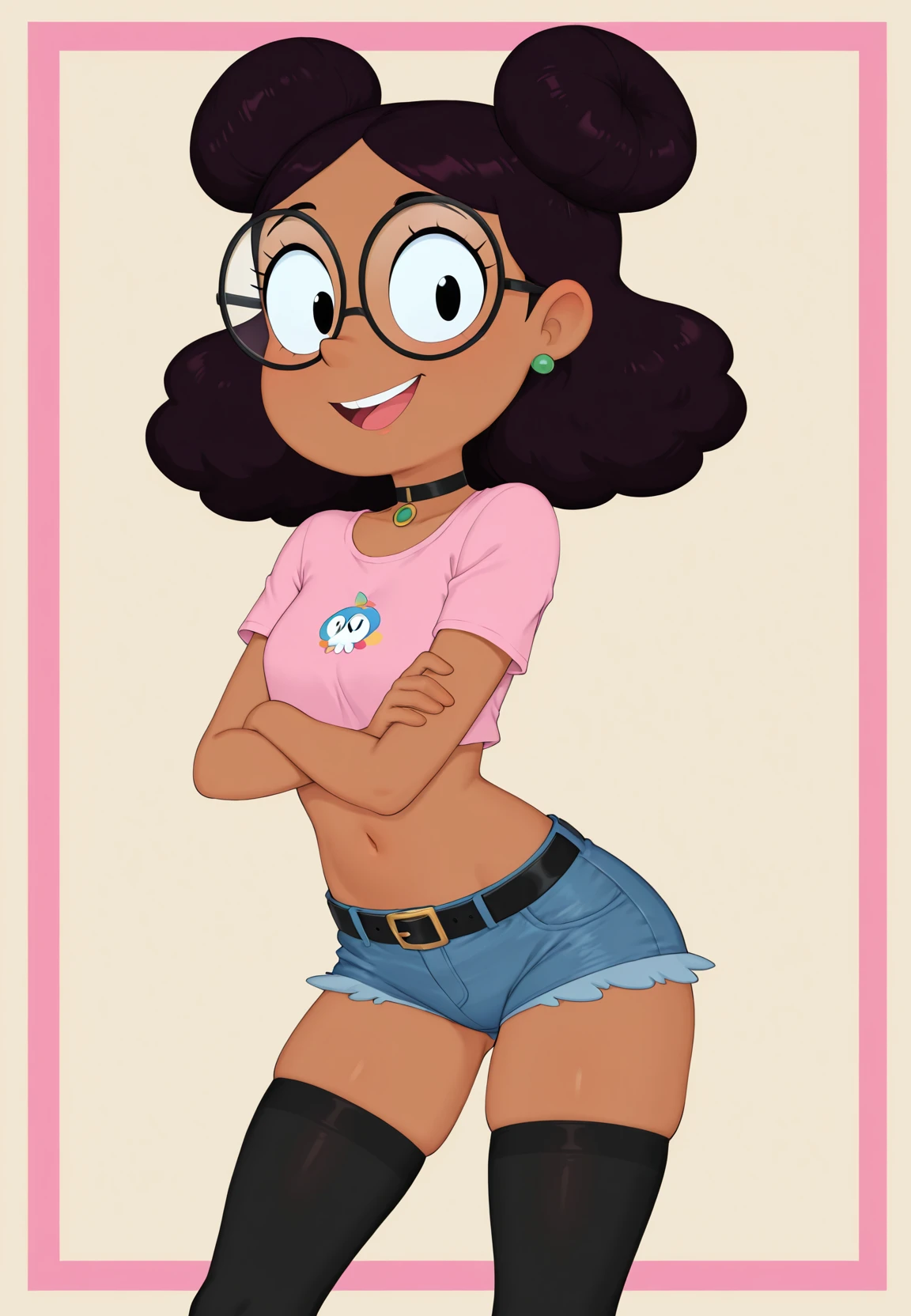 masterpiece, best quality, 1girl, solo, smile, short hair, dark skin, black eyes, double bun, makeup, glasses, lipstick, hands on hips, raincoat, flat torso, pussy, nude body, spread legs, cartoon proportion,