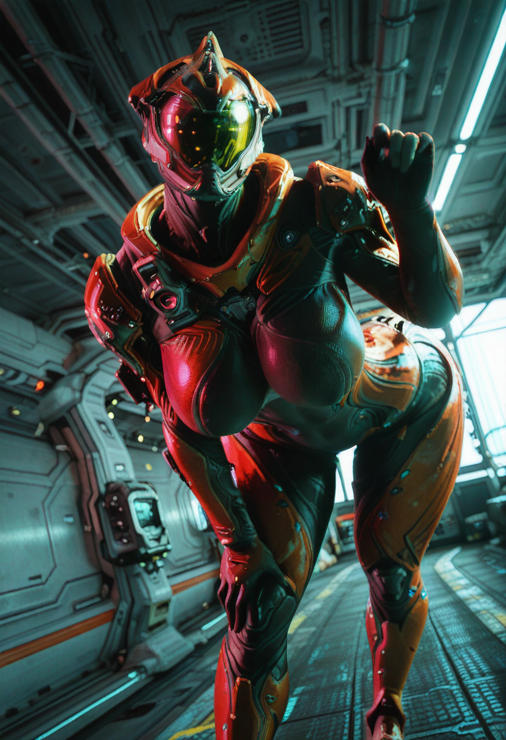 citrine,helmet,gem,shoulder shoulder pads,
medium breasts,upper body,standing,leaning forward,
solo,space ship,indoors,
(insanely detailed, masterpiece, best quality),<lora:citrine-10WFv7:0.8>,