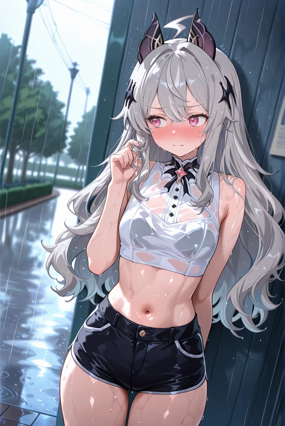 masterpiece, best quality, amazing quality, very aesthetic, newest, absurdres, highres,
1girl, solo
<lora:SkirkBluePinkBatVerIllustriousV1:1> skirkbluepinkbat, long hair, wavy hair, grey hair, colored inner hair, bat ears, hair ornament, lightning ahoge, pink eyes,
rain, park, white crop top, short shorts, wet skin, wet clothes, looking to the side, blush, embarrassed, playing with own hair, arm behind back,
blurry background, dutch angle,
<lora:Erotic_style_2_r2:0.6> Erotic_style, <lora:EtherPDXLStyleXL:0.2> etherpdxlstyle <lora:KonyaKarasue:0.4> konya karasue <lora:MoriiMee_Gothic_Niji_Style_Illustrious_r1:0.2> artist:moriimee,