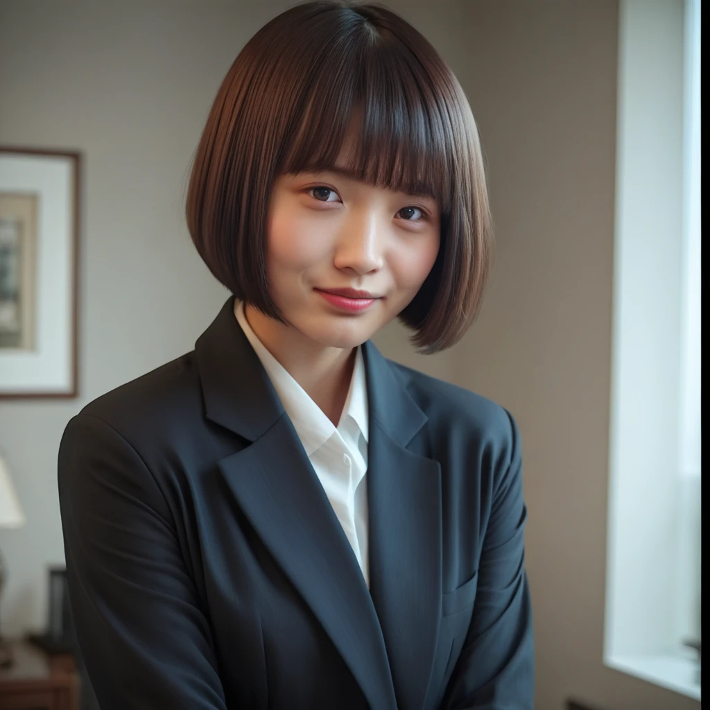score_9, score_8_up, score_7_up, best quality, masterpiece,ma_ma_ma,japanese girl,japanese woman,1girl, rating_explicit, photorealistic, realistic lighting, extreme detailed, highest detailed, official art, beautiful and aesthetic, seductive face, detailed face, beautiful face, perfect body, high contrast, over exposure,short hair, brown hair,jacket, suit,bangs, pencil skirt, miniskirt, bob cut,(cute:1.1),detailed face and eyes,detailed skin,