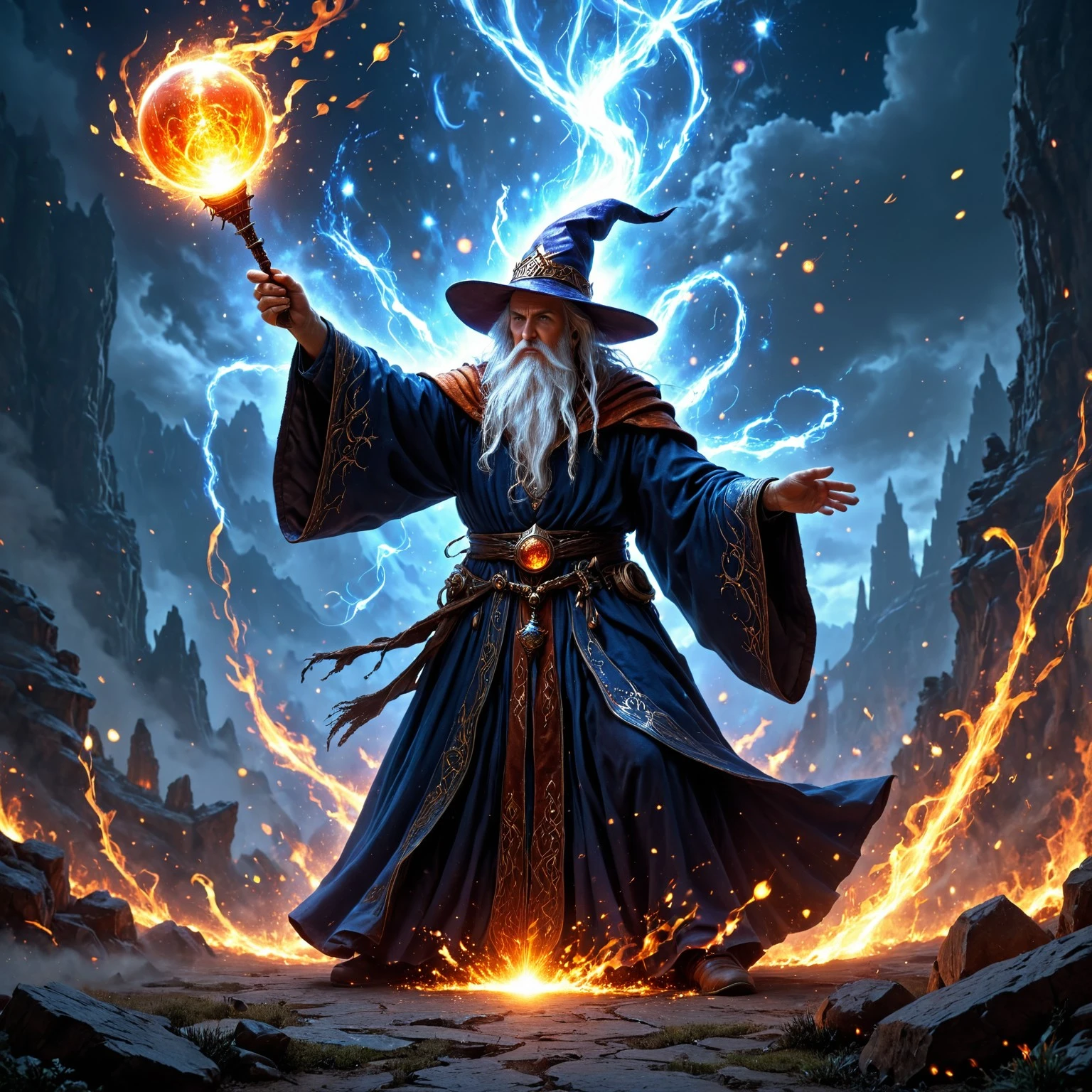 A powerful wizard, wearing a magical hat, casting a fire orb blast from his hand. The spell is flying away from him hand as he sends the magical spell orb hurdling through the air. epic scenery