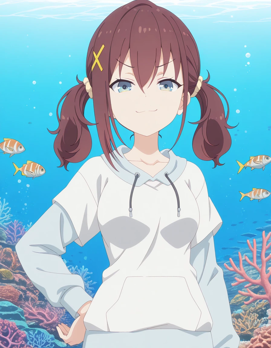 masterpiece, best quality, amazing quality,, <lora:kurea-furutachi-s1-illustriousxl-lora-nochekaiser:1>, kurea furutachi, blue eyes, brown hair, hair ornament, hair between eyes, twintails, red hair, scrunchie, x hair ornament, hair scrunchie, mature female, medium breasts, anime screencap, long sleeves, collarbone, short sleeves, hood, hoodie, drawstring, white hoodie, smug, hand on own hip,, seafloor, coral, fish, underwater, blue, cowboy shot, solo, looking at viewer, <lora:transparent-background-illustriousxl-lora-nochekaiser:1>, transparent background, simple background, white background