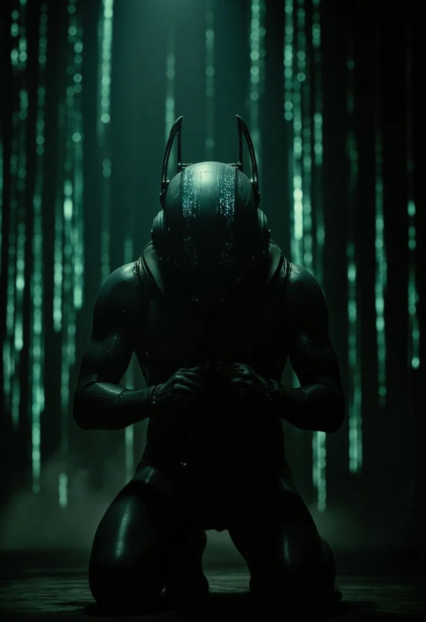 dramatic lighting, lens effect, cinematic,, Unfazedfantasii, Cinematic sci-fi scene, a full-body shot of a sleek, slim humanoid droid kneeling on the ground in despair, head buried in his hands. Futuristic helmet with glowing blue-green circuit patterns, fine antennae extending from the head. Intricate mechanical details, hyperreal textures. Dim, atmospheric lighting with green-blue reflections. Dramatic depth of field. Background filled with cascading matrix-like code, glowing softly. Shot in ultra-realistic cinematic style, 35mm film grain, soft lens flare, high contrast, moody shadows.