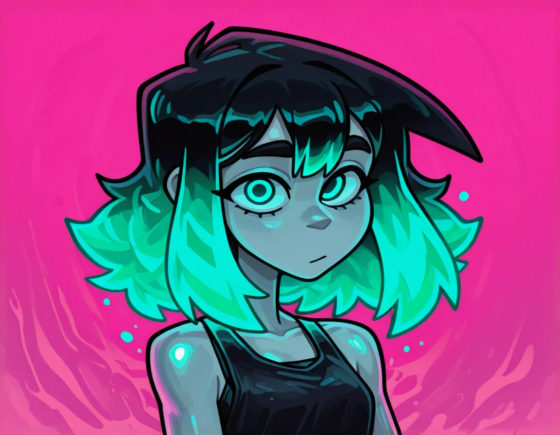 1girl, Ra3lyn.
<lora:OC_Rae_Character_LoRA:1>
<lora:JustAdrian_Style_LoRA:1.2> ju5t4dr14n,
solo, tank top, bra strap, gradient hair, face, close up, dark clothes, looking at viewer, heavily stylized, drama layer, amazing quality, close up, neon palette, dynamic, potrait shot, glowing, acid trip, neon pink background, liquid,