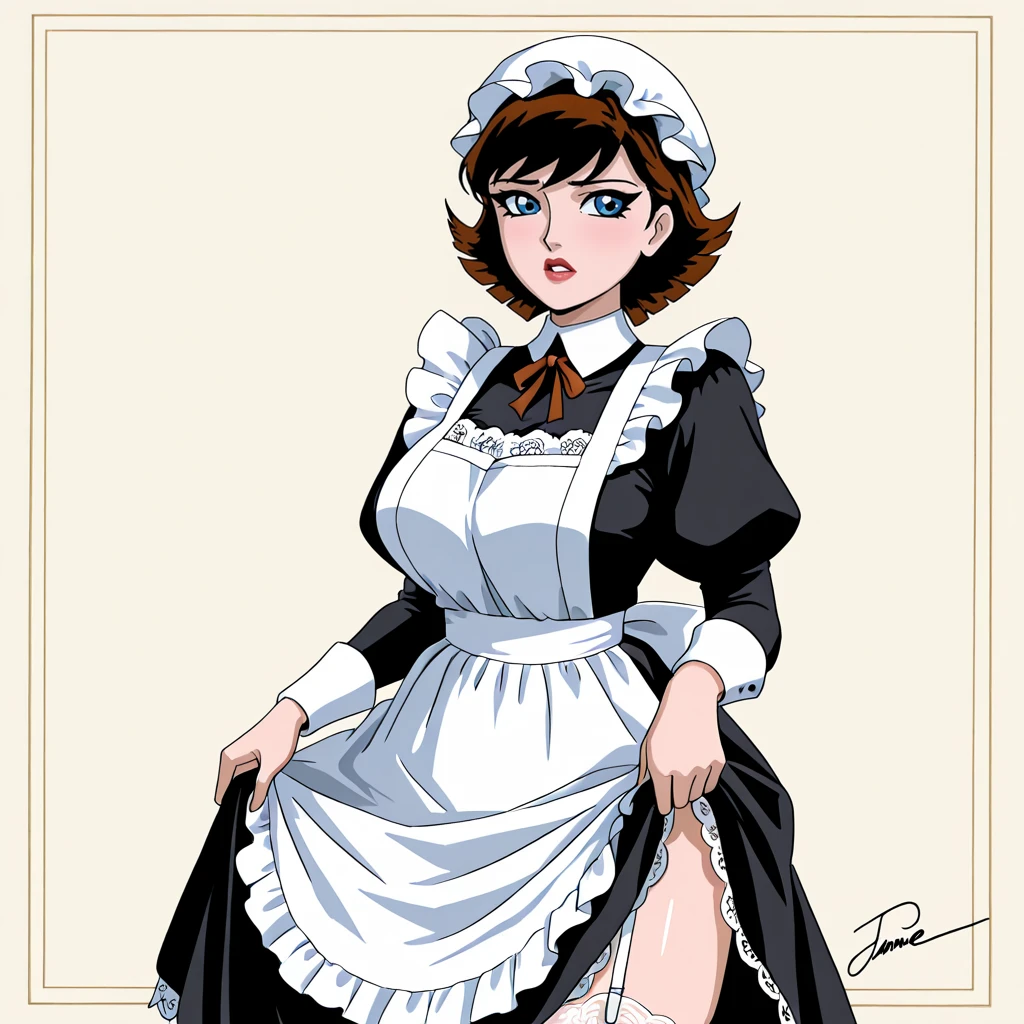 <lora:WaspEMH_illustrious_v1:.7> janetemh, blue eyes, 1girl, short hair, brown hair, lipstick, cowboy shot, retro artstyle, big breasts, <lora:victorian-illustriousxl-lora-nochekaiser:1> victorian, apron, black dress, clothes lift, dress, embroidery, garter straps, hat, juliet sleeves, lace trim, maid, maid apron, mob cap, official alternate costume, official alternate hairstyle, parted lips, puffy sleeves, puritan collar, ribbon, shy, signature, simple background, skirt, white apron,