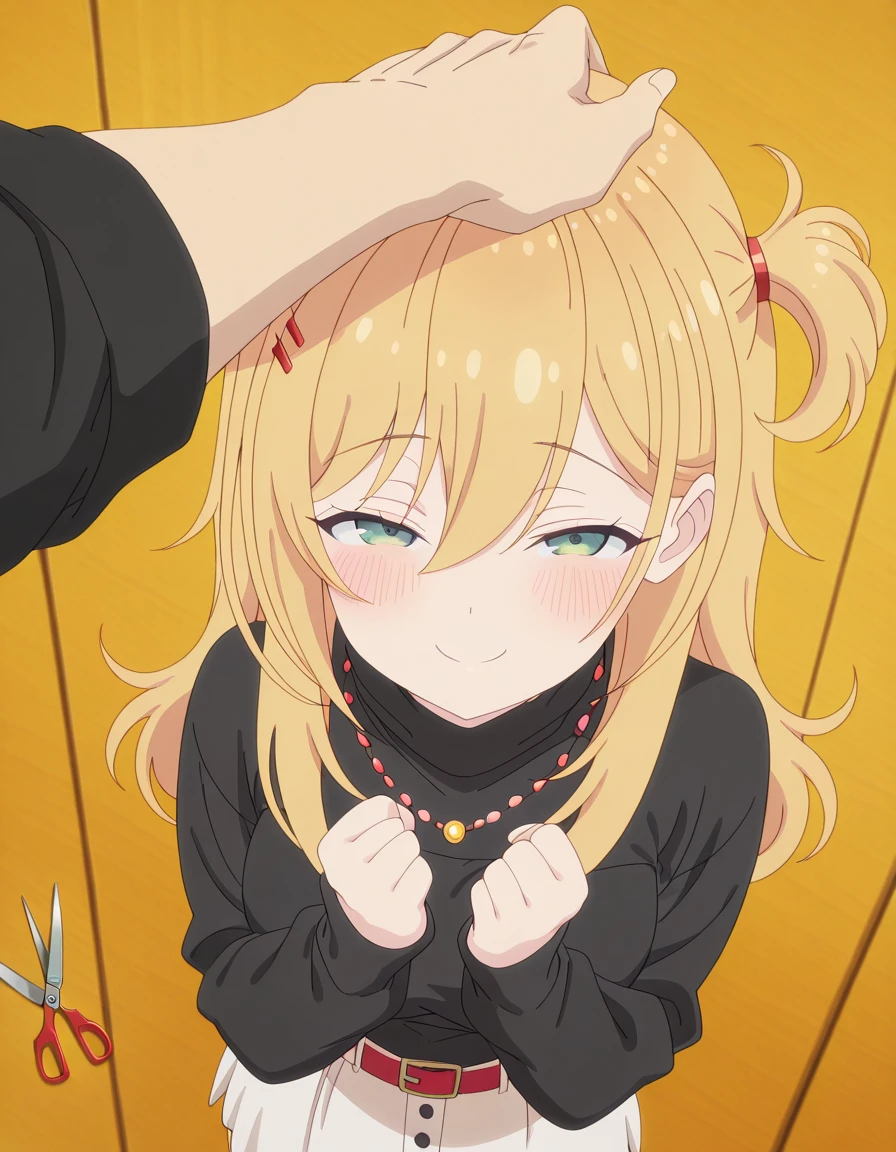 masterpiece, best quality, amazing quality,, <lora:nana-hoshi-s1-illustriousxl-lora-nochekaiser:1>, nana hoshi, long hair, blonde hair, hair ornament, hair between eyes, green eyes, hairclip, one side up, mature female, medium breasts, anime screencap, shirt, skirt, long sleeves, jewelry, belt, necklace, sweater, turtleneck, white skirt, turtleneck sweater, black sweater, red belt, <lora:headpat-pov-illustriousxl-lora-nochekaiser:1>, headpat pov, blush, from above, looking up, pov, pov hands, headpat, half-closed eyes, looking at viewer, hands up, clenched hands, smile,, salon, chairs, mirrors, scissors, beauty, cowboy shot, solo, looking at viewer,
