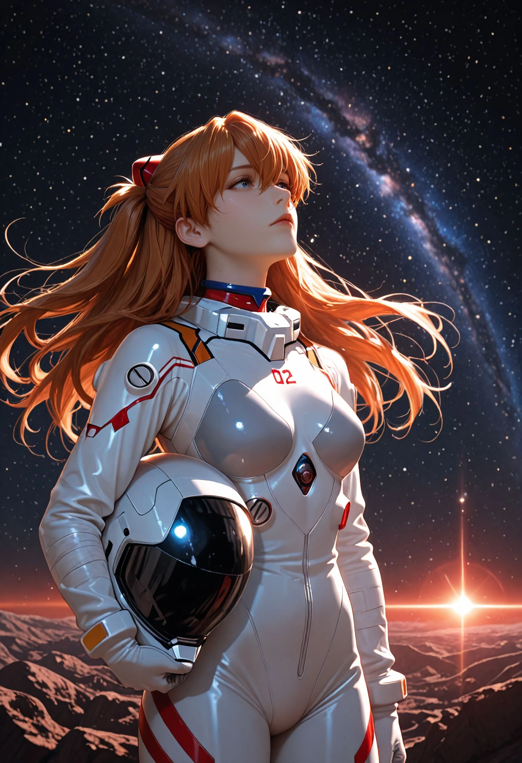 masterpiece, best quality, amazing quality, very aesthetic, detailed eyes, perfect eyes, realistic eyes, illustration, anime, animecap, outdoors, outer space, starfield, woman, spacesuit, looking up, holding helmet, souryuu asuka langley