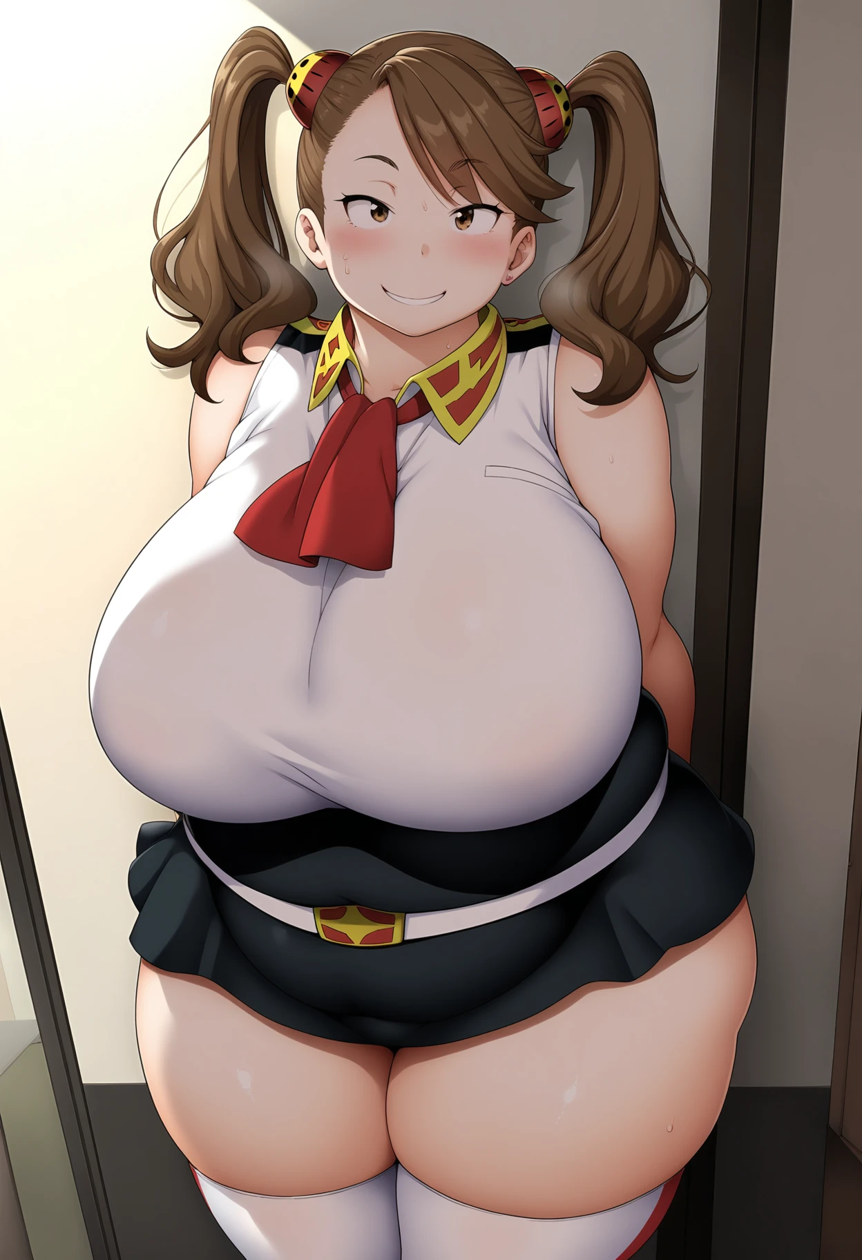 Woman wearing a white sports bra((From before)),Brown Hair,Light brown eyes,Twin tails,thick-boned,In bed,Beautiful curves,Medium Hair,Curvaceous body,Blushed,Troubled expression,Smooth thick thighs,Obese!!,Chubby!!,Chubby!!,No sleeve,Sweat,vapor,Armpit hair,