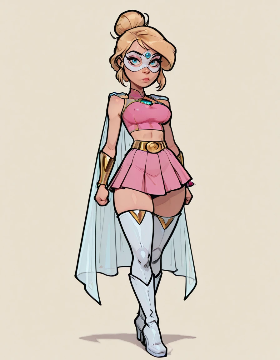 amazing quality, 4k, high resolution, ultra-detailed, newest, <lora:Virtue_Girl_-_Sweet_Superheroine:1> 1girl, blonde hair, hair bun, white mask, cape, blue gem, pink crop top, cleavage cutout, pink skirt, gold wristbands, gold belt, white thighboots, full body, sexy pose, simple background, looking at viewer, <lora:ElenaCasagrandeIllus:1>