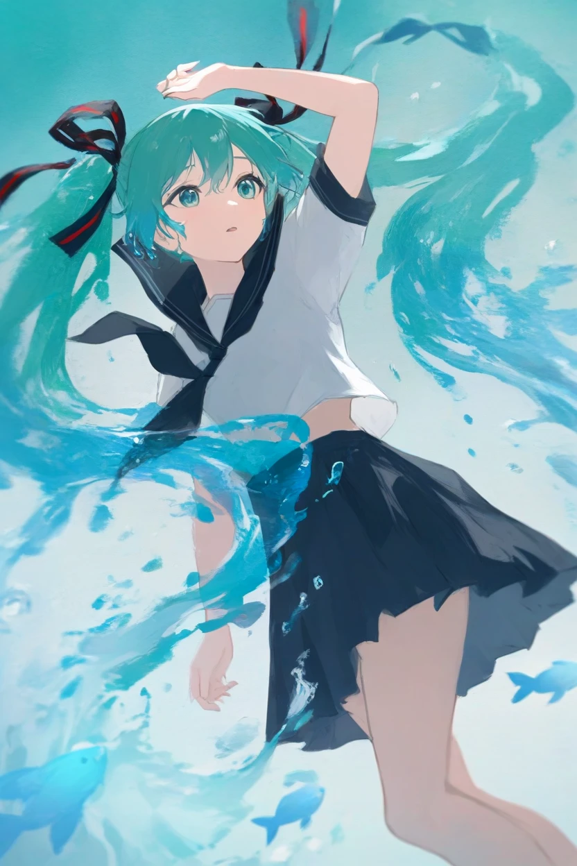 <lora:Melancholy1llust:0.8>,Melancholy,Solitude,Textured Brushstrokes,
masterpiece,good quality,newest,very aesthetic, 1girl, long hair, hatsune miku, school uniform, liquid hair, serafuku, solo, fish, twintails, hair ribbon, skirt, very long hair, ribbon, water, aqua hair, floating hair