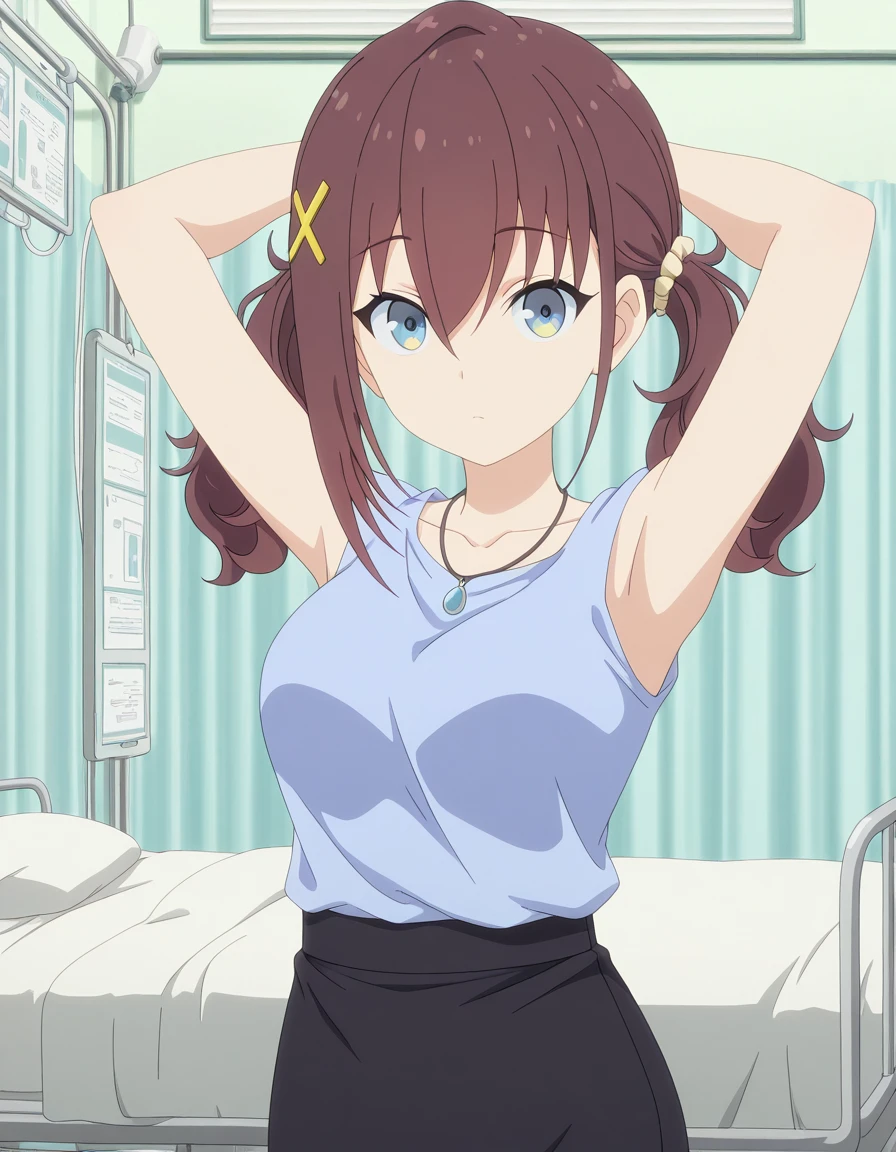 masterpiece, best quality, amazing quality,, <lora:kurea-furutachi-s1-illustriousxl-lora-nochekaiser:1>, kurea furutachi, blue eyes, brown hair, hair ornament, hair between eyes, twintails, red hair, scrunchie, x hair ornament, hair scrunchie, mature female, medium breasts, anime screencap, shirt, skirt, jewelry, collarbone, sleeveless, black skirt, necklace, sleeveless shirt, bare arms, blue shirt, pencil skirt, pendant,, hands behind head,, hospital, beds, doctors, patients, medical, cowboy shot, solo, looking at viewer,