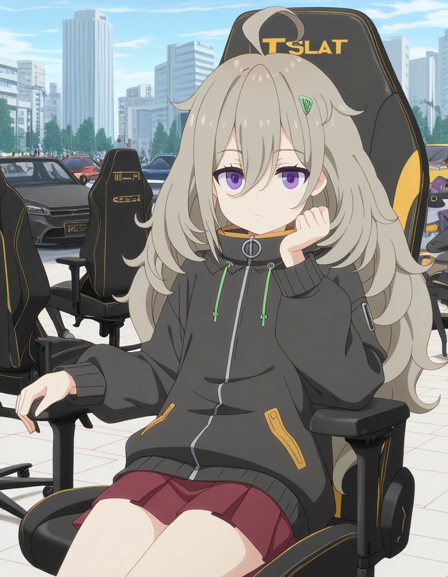 masterpiece, best quality, amazing quality,, <lora:tsutsuji-higa-s1-illustriousxl-lora-nochekaiser:1>, tsutsuji higa, long hair, hair ornament, hair between eyes, purple eyes, grey hair, ahoge, hairclip, messy hair, anime screencap, skirt, long sleeves, jacket, pleated skirt, black jacket, red skirt, zipper, zipper pull tab, <lora:secretlab-chair-illustriousxl-lora-nochekaiser:1>, secretlab chair, chair, office chair, gaming chair, sitting, cowboy shot, elbow rest, city, buildings, streets, cars, people, cowboy shot, solo, looking at viewer,