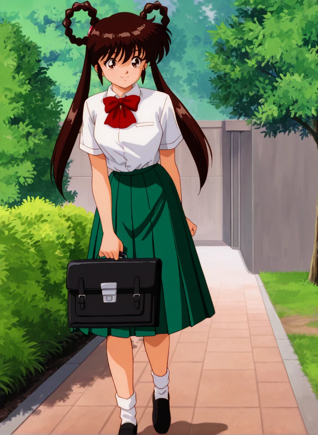 masterpiece,best quality,amazing quality,very aesthetic,high resolution,ultra-detailed,absurdres,newest,scenery BREAK
<lora:mano_youko_V1_NOOB:1>,(mano youko, mamono hunter youko, brown hair, long hair, braided hair rings, twintails, brown eyes),( retro artstyle, 1990s \(style\)),(school uniform,white shirt, collared shirt, green skirt,pleated skirt,long skirt, red bowtie,white socks, shoes ),1girl,solo,posing,smile,standing,outdoors,school briefcase,holding briefcase,
