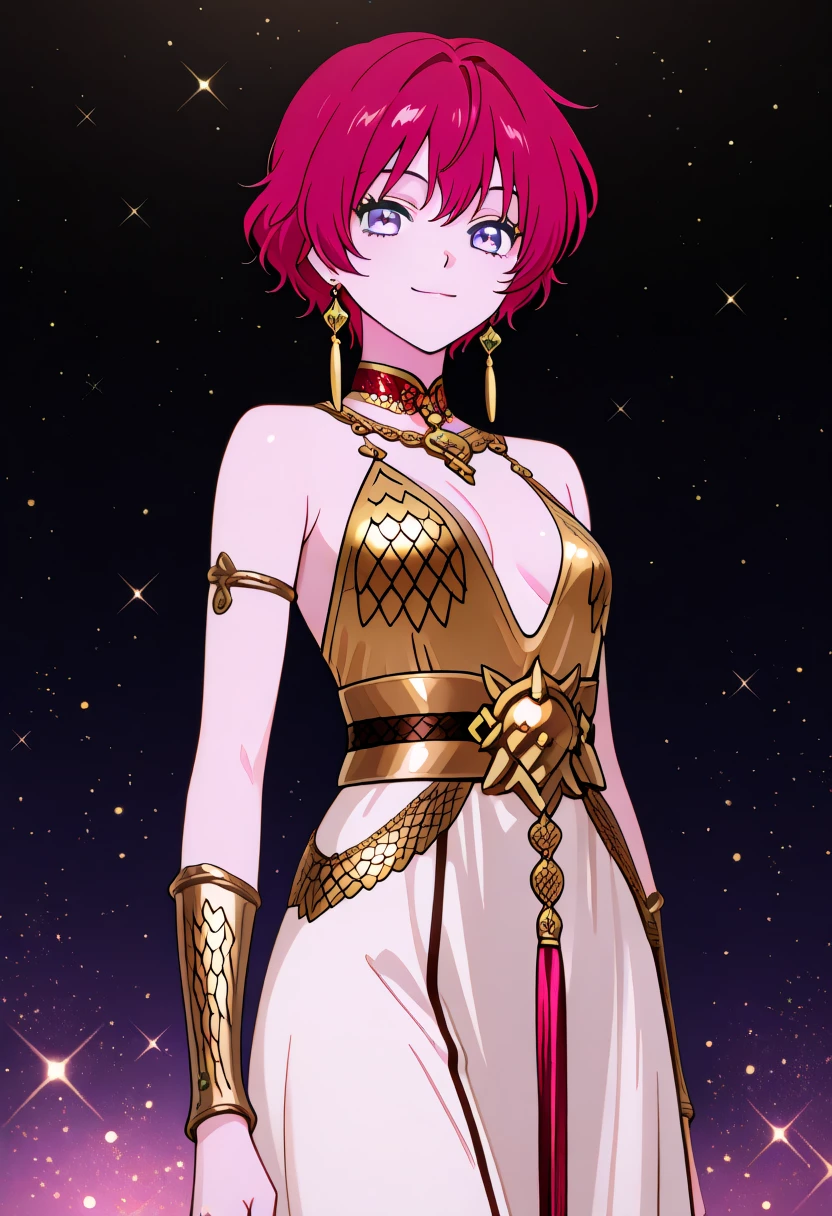 ,waving at viewer, galaxy background, light particles, light smile, cosmic background, cowboy shot, no building,<lora:Yona-v3 :0.8> Youna-v1,1girl,solo,red hair,short hair,bangs,purple eyes,medium breast,earrings, <lora:cha-6v1:1> cha-6v1, 1girl, solo, ancient clothing, gold armor, white dress, scale mail, golden ornate collar, ornate jewelry, halterneck, gold belt, dress, jewelry, backless, red tassel, embroidery
