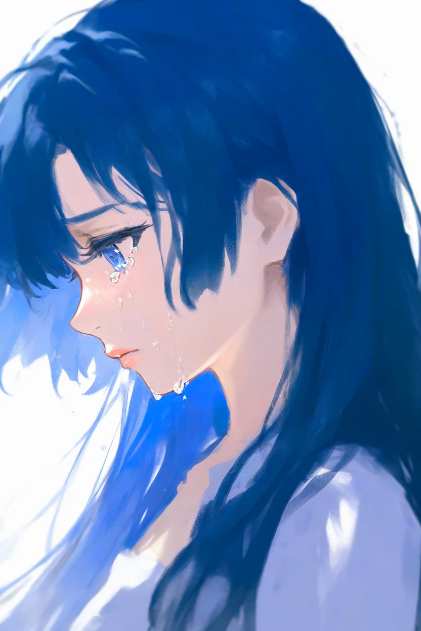 <lora:Melancholy1llust:0.8>,Melancholy,Solitude,Textured Brushstrokes,
masterpiece,good quality,newest,very aesthetic, solo, 1girl, white background, simple background, profile, long hair, tears, upper body, looking down, lips, from side, crying, blue eyes, blue hair, sad