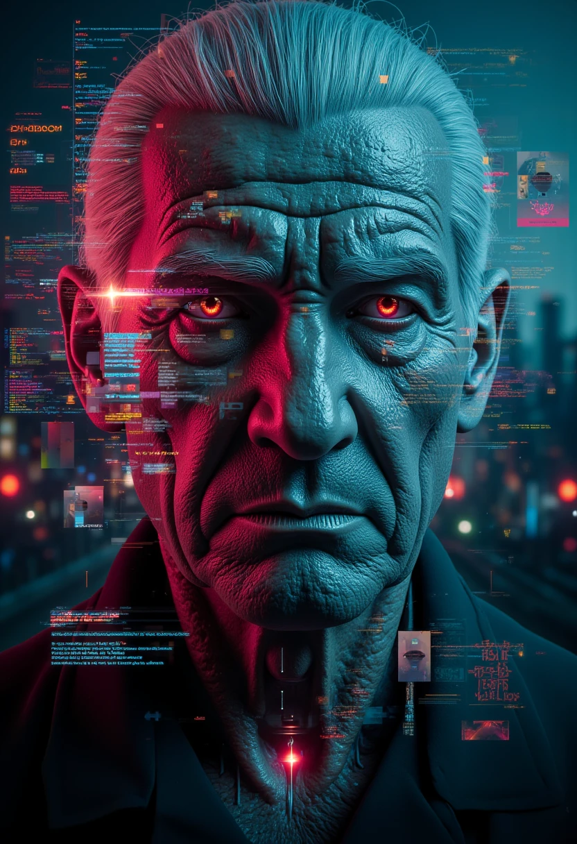 A digital glitch art piece showcases a close-up portrait of an older man with deep wrinkles, prominent pores, and graying hair, set against the backdrop of a pixelated cityscape with distorted skyscrapers and neon lights. His expression is contemplative with furrowed brows and a soft gaze. The image incorporates glitch effects with flickering pixels, distorted textures, and reflective errors that distort the scene. The surrounding environment includes fragmented digital displays displaying code snippets like "echoes of time" and "memory fades". The composition merges timeless human emotions with the abstracted world of computing.