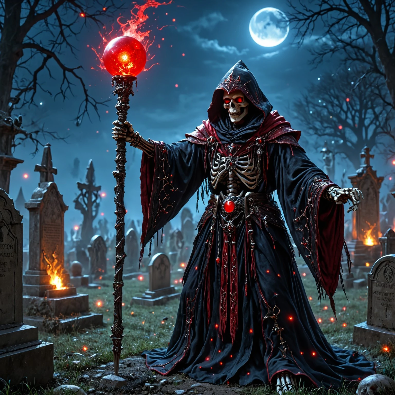 a detailed and realistic image of a skeleton wizard, wearing dark magic robe and hood, wielding a red orbstaff, glowing eyes, casting red magic, graveyard in background, night time, HD, masterpiece, best quality, hyper detailed, ultra detailed, realistic