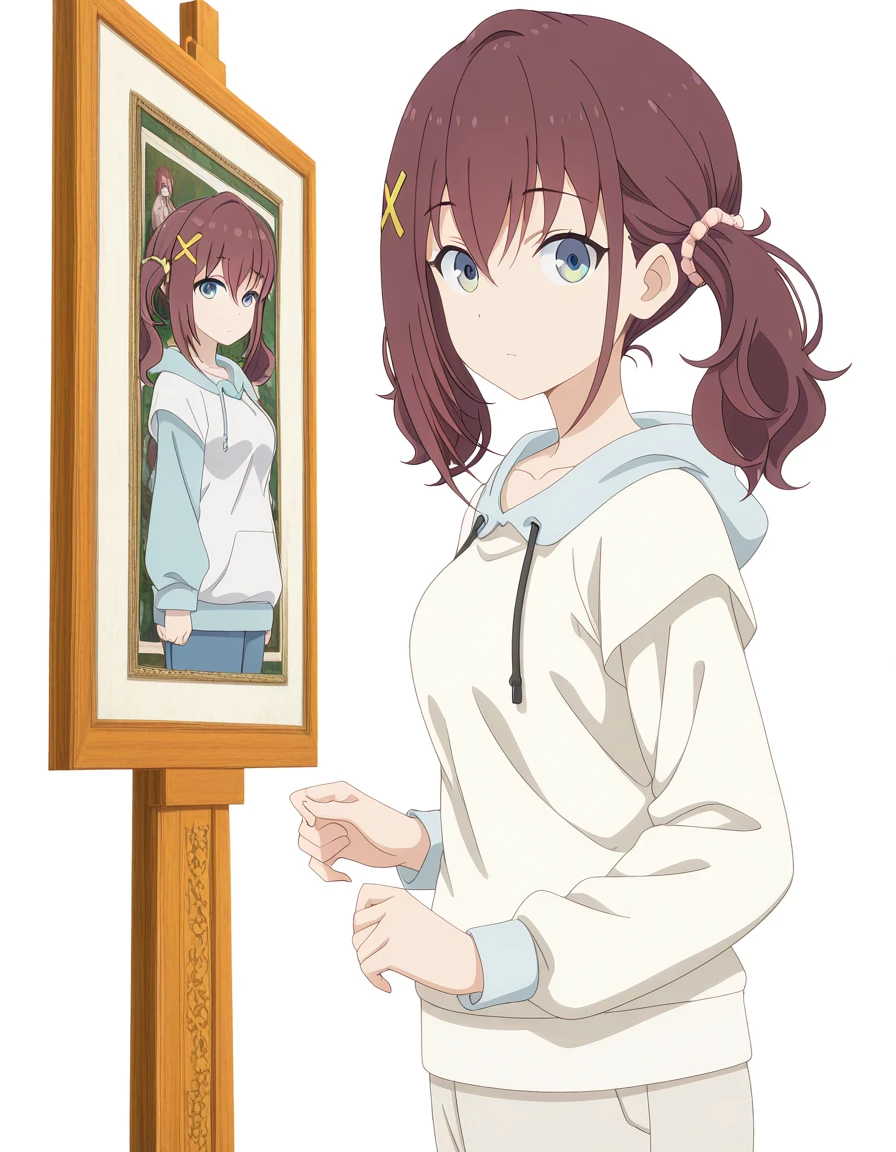 masterpiece, best quality, amazing quality,, <lora:kurea-furutachi-s1-illustriousxl-lora-nochekaiser:1>, kurea furutachi, blue eyes, brown hair, hair ornament, hair between eyes, twintails, red hair, scrunchie, x hair ornament, hair scrunchie, mature female, medium breasts, anime screencap, long sleeves, collarbone, short sleeves, hood, hoodie, drawstring, white hoodie, from side, art gallery, paintings, sculptures, exhibits, quiet, cowboy shot, solo, looking at viewer, <lora:transparent-background-illustriousxl-lora-nochekaiser:1>, transparent background, simple background, white background