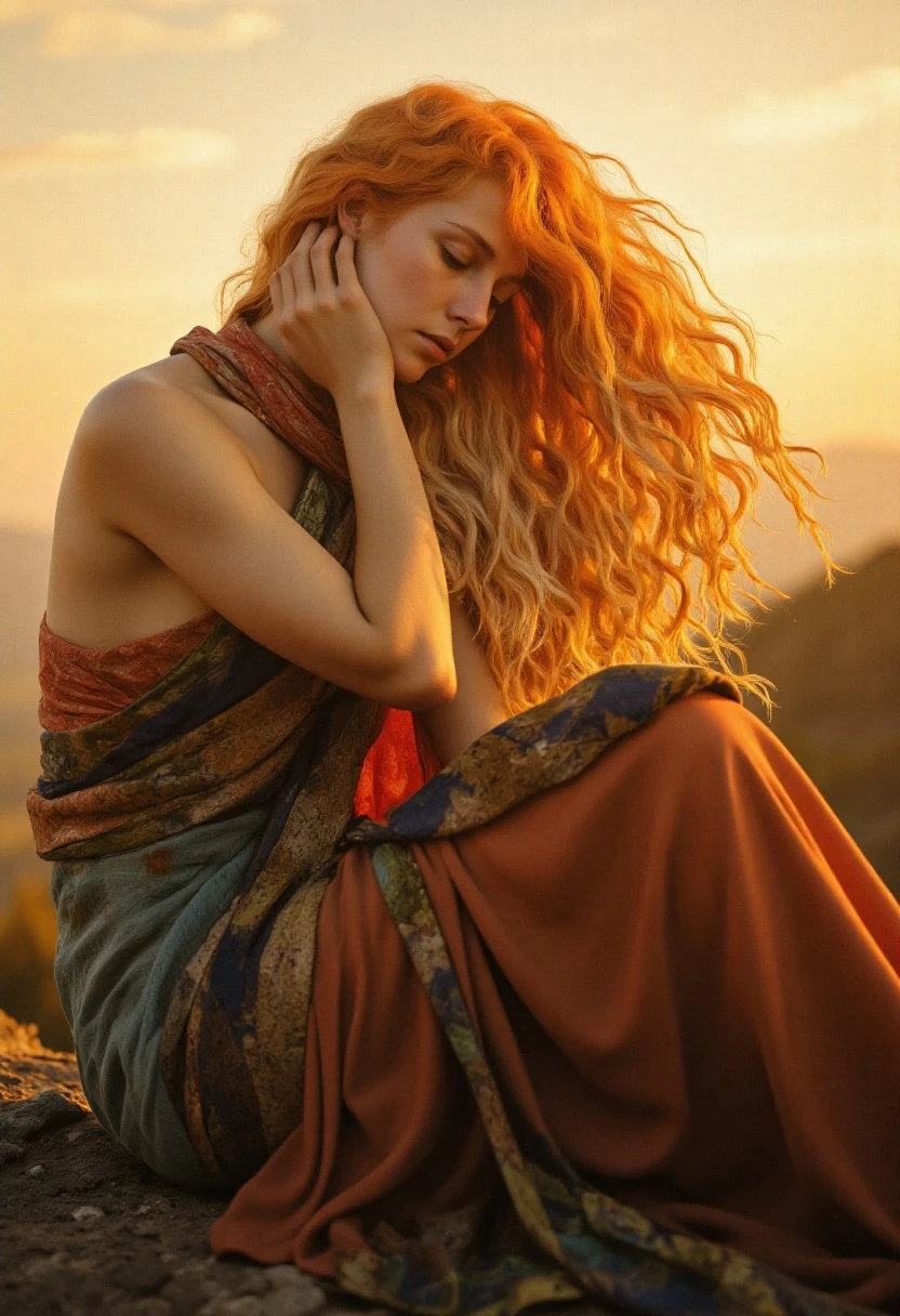 A hyper-realistic cinematic portrait of a beautiful woman with flowing orange and blonde hair, sitting pensively on a rock at golden hour. She gently adjusts her hair, lost in thought, bathed in warm sunset light. The scene features serene atmosphere, natural lighting, vibrant yet soft color grading, and intricate clothing textures. Captured in ultra high-definition with photorealistic detail, dramatic composition, and a relaxed expression evoking quiet emotion.