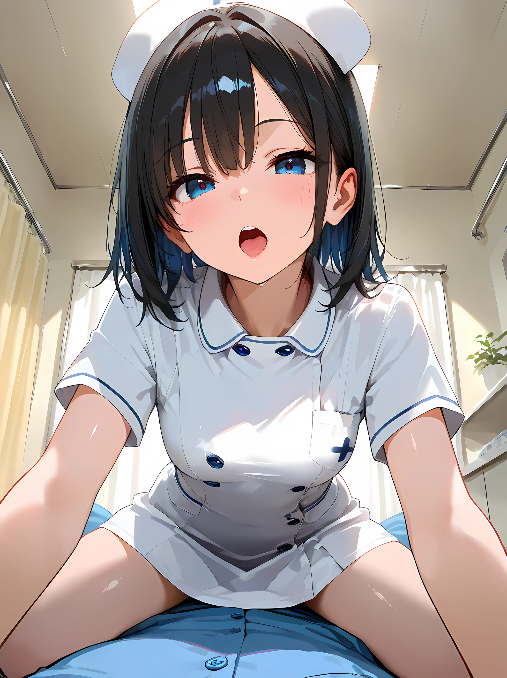masterpiece,amazing quality,best quality,newest,absurdres,highres,CG,ultra-detailed face,real skin,shiny hair,expliti,<lora:nurse_noobai_V1.0:0.6>nurse,short sleeves,white dress,nurse cap,<lora:boleromix_pony_V1.0:0.5>boleromix