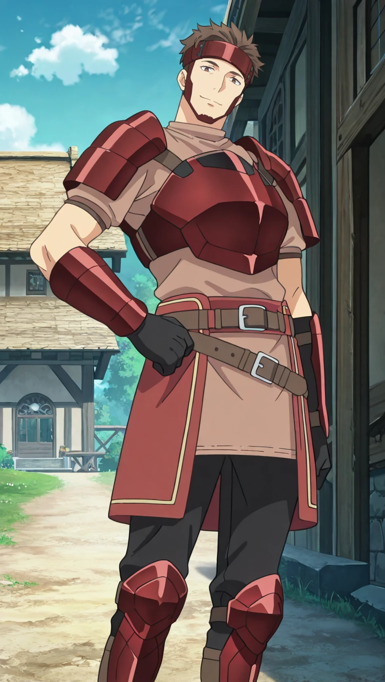 masterpiece,best quality,absurdres,newest,perfect quality,best quality,absolutely eye-catching,detailed background,male focus,solo,anime screencap,<lora:BOFURI - Kuromu - Illustrious_1:0.7>,bofurikuromu,1boy,adult male,very short hair,brown hair,brown eyes,outdoors,looking at viewer,village,head tilt,old_kuromu headband,old_kuromu chin guard,old_kuromu_tunic,old_kuromu_pauldrons,old_kuromu breastplate,old_kuromu bracers,old_kuromu gloves,old_kuromu belt,old_kuromu pants,old_kuromu knee boots,seductive look,hand on own hip,