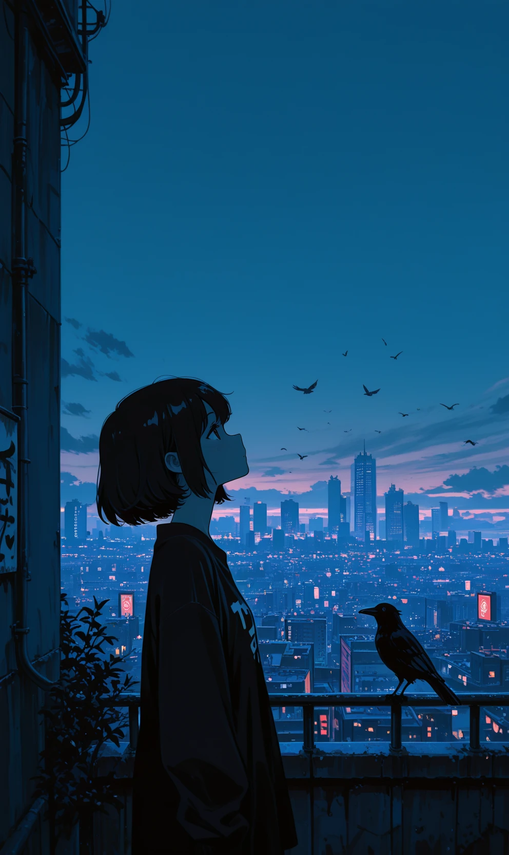 Nijimixanime, a ((masterpiece, best quality, illustration)), ink art, cute doodle. 1girl, solo, short hair, outdoors, sky, from side, bird, scenery, city, silhouette, cityscape, dark, crow