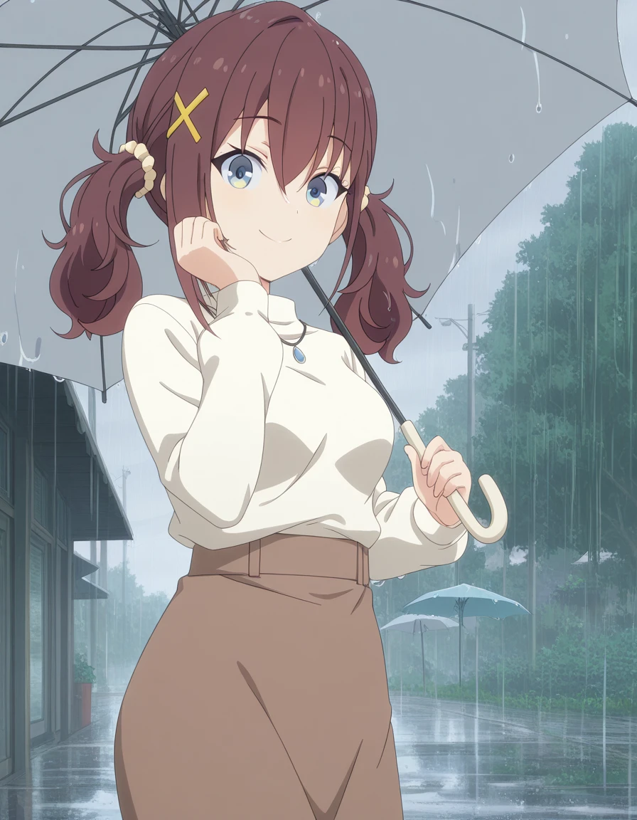 masterpiece, best quality, amazing quality,, <lora:kurea-furutachi-s1-illustriousxl-lora-nochekaiser:1>, kurea furutachi, blue eyes, brown hair, hair ornament, hair between eyes, twintails, red hair, scrunchie, x hair ornament, hair scrunchie, mature female, medium breasts, anime screencap, shirt, skirt, long sleeves, jewelry, white shirt, necklace, sweater, brown skirt, white sweater, head rest, smile,, rainy day, umbrella, walking home, puddles, wet hair, cowboy shot, solo, looking at viewer,