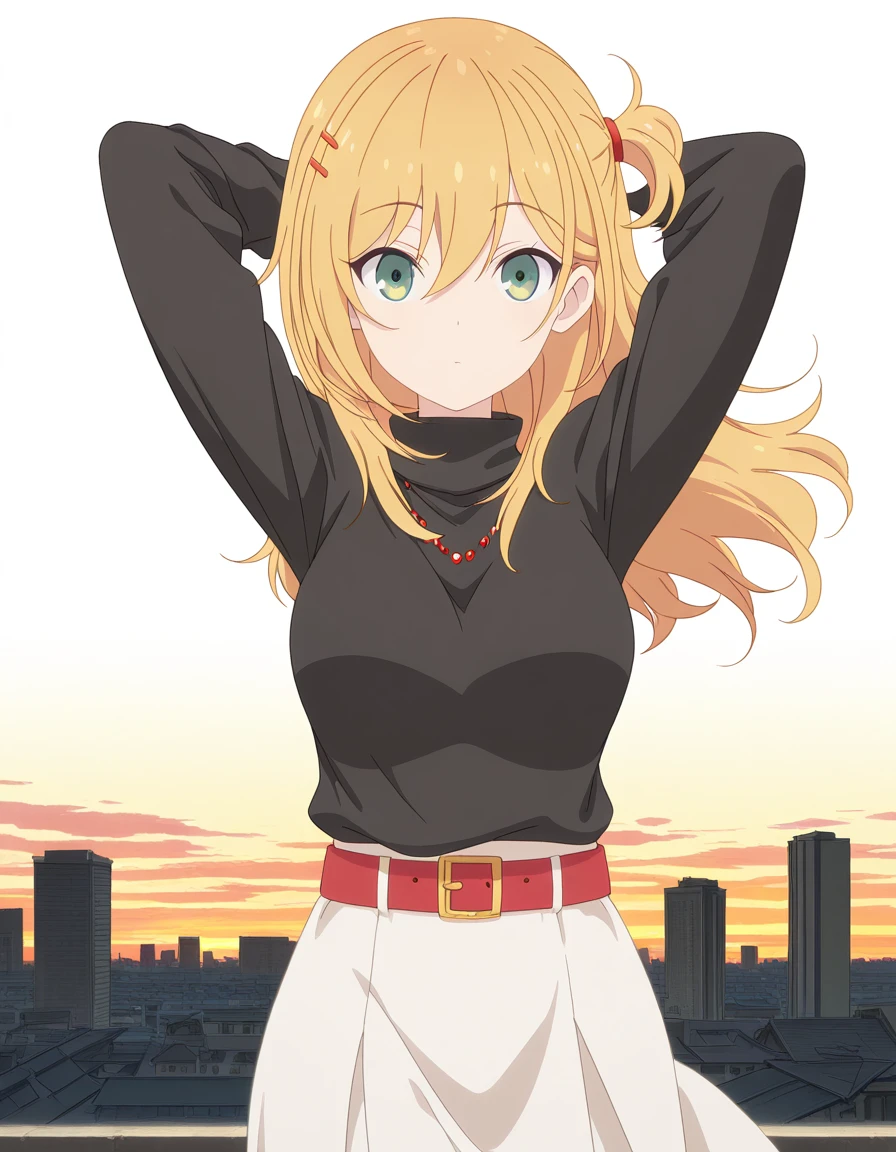 masterpiece, best quality, amazing quality,, <lora:nana-hoshi-s1-illustriousxl-lora-nochekaiser:1>, nana hoshi, long hair, blonde hair, hair ornament, hair between eyes, green eyes, hairclip, one side up, mature female, medium breasts, anime screencap, shirt, skirt, long sleeves, jewelry, belt, necklace, sweater, turtleneck, white skirt, turtleneck sweater, black sweater, red belt, hands behind head,, rooftop, sunset, cityscape, quiet moment, wind blowing, contemplative, cowboy shot, solo, looking at viewer, <lora:transparent-background-illustriousxl-lora-nochekaiser:1>, transparent background, simple background, white background