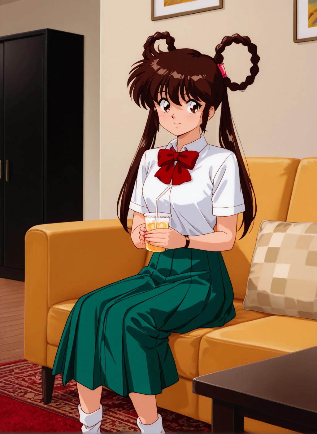 masterpiece,best quality,amazing quality,very aesthetic,high resolution,ultra-detailed,absurdres,newest,scenery BREAK
<lora:mano_youko_V1_NOOB:1>,(mano youko, mamono hunter youko, brown hair, long hair, braided hair rings, twintails, brown eyes),( retro artstyle, 1990s \(style\)),(school uniform,white shirt, collared shirt, green skirt,pleated skirt,long skirt, red bowtie,white socks, ),1girl,solo,posing,smile,sitting,indoors,carpet,couch,living room,holding cup,drinking straw,