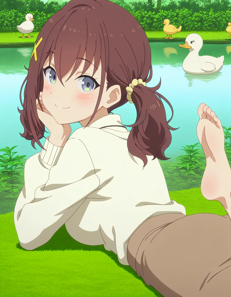 masterpiece, best quality, amazing quality,, <lora:kurea-furutachi-s1-illustriousxl-lora-nochekaiser:1>, kurea furutachi, blue eyes, brown hair, hair ornament, hair between eyes, twintails, red hair, scrunchie, x hair ornament, hair scrunchie, mature female, medium breasts, anime screencap, shirt, skirt, long sleeves, jewelry, white shirt, necklace, sweater, brown skirt, white sweater, <lora:the-pose-illustriousxl-lora-nochekaiser:1>, the pose, on stomach, feet up, lying, soles, feet, legs up, head rest, barefoot, ass, from behind, looking back, looking at viewer, smile, blush,, pond, still_water, plants, ducks, peaceful, cowboy shot, solo, looking at viewer,
