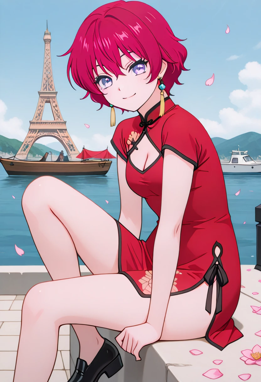 anime screencap,masterpiece,best quality, <lora:China-4v1:1> cha-4v1, 1girl, short dress, china dress, chinese clothes, red dress, short sleeves, side slit, back cutout, black footwear, cleavage <lora:Yona-v3 :0.8> Youna-v1,1girl,solo,red hair,short hair,bangs,purple eyes,medium breast,earrings,
Anime screencap,masterpiece,best quality,solo,1girl,looking at viewer, Eiffel Tower in background, sitting, watercraft, boat, sitting on wall, side view, looking at viewer, smile, blooming stars, luminescent petals, otherworldly fragrance blurry background.
