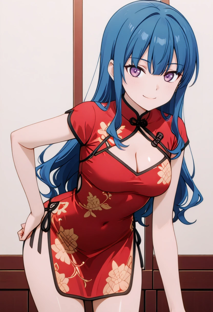 anime screencap,masterpiece,best quality, <lora:China-4v1:1> cha-4v1, 1girl, short dress, china dress, chinese clothes, red dress, short sleeves, side slit, back cutout, black footwear, cleavage 
 Anime screencap,masterpiece,best quality, solo, 1girl, looking at viewer, cowboy shot, leaning forward, smile, looking at viewer, shiny skin.
 <lora:Mizerhyby_v1:0.9> 1girl, long blue hair, bangs, purple eyes, medium breast,