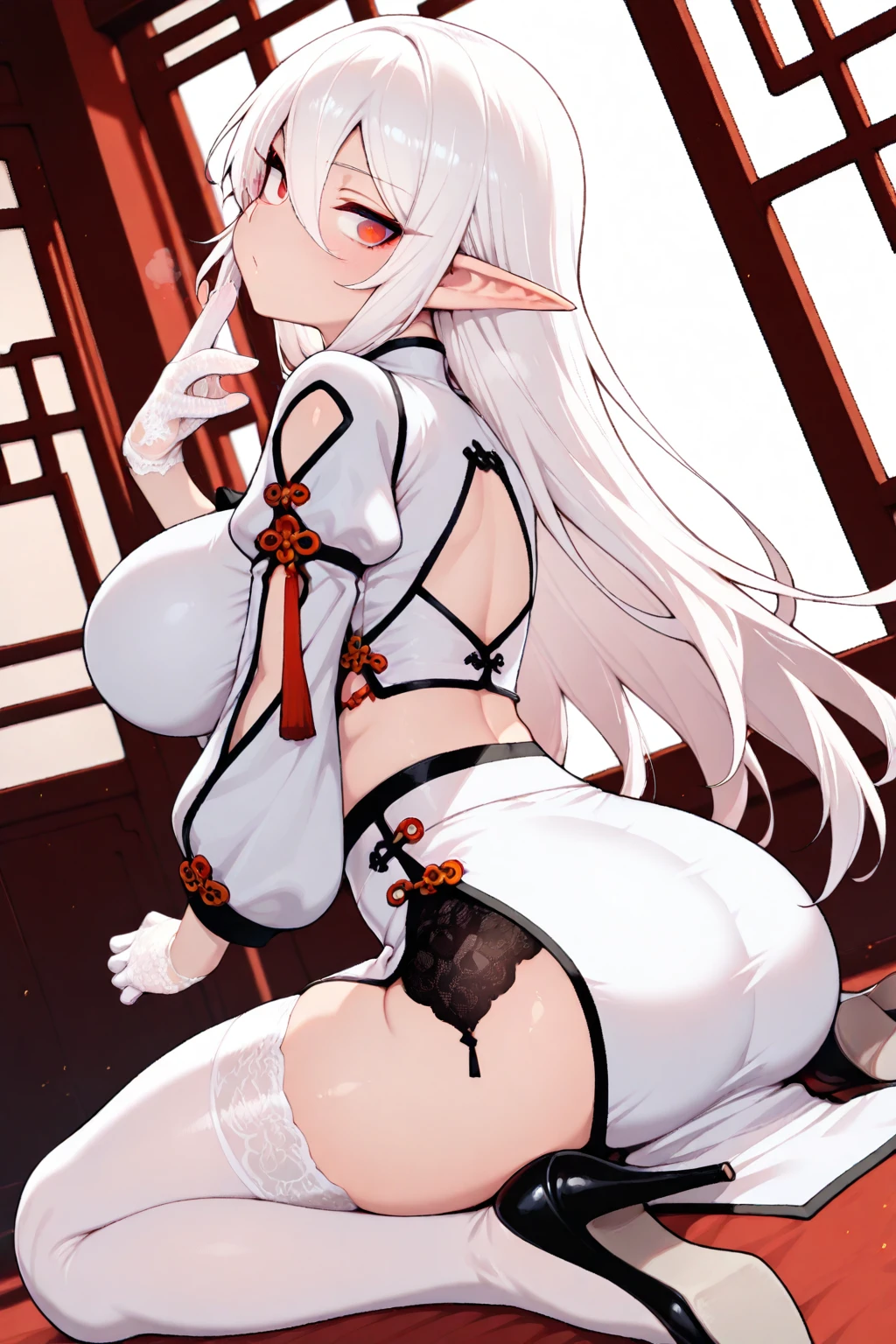 Make a white-haired elf handcuffed and tied up in only her panties and showing her nipples with her legs open and crying