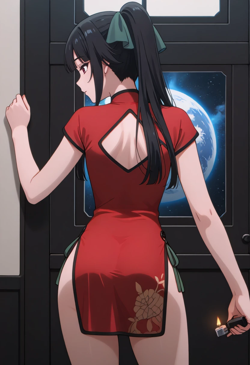 anime screencap,masterpiece,best quality, <lora:China-4v1:0.8> cha-4v1, 1girl, short dress, china dress, chinese clothes, red dress, short sleeves, side slit, back cutout, black footwear, cleavage
The dark void of space,illuminated by countless tiny,distant white pinpricks of light,and a prominent,lighter blue nebula subtly positioned in the middle.
<lora:Jasmine Flamesworth _v1:1> 1girl, long black hair, bangs, high ponytail, green ribbon, red eyes, medium breast,