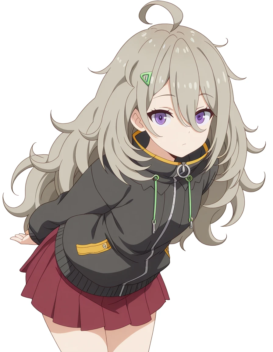 masterpiece, best quality, amazing quality,, <lora:tsutsuji-higa-s1-illustriousxl-lora-nochekaiser:1>, tsutsuji higa, long hair, hair ornament, hair between eyes, purple eyes, grey hair, ahoge, hairclip, messy hair, anime screencap, skirt, long sleeves, jacket, pleated skirt, black jacket, red skirt, zipper, zipper pull tab, hands behind back, bent over,, sex shop, toys, privacy, items, unique, cowboy shot, solo, looking at viewer, <lora:transparent-background-illustriousxl-lora-nochekaiser:1>, transparent background, simple background, white background
