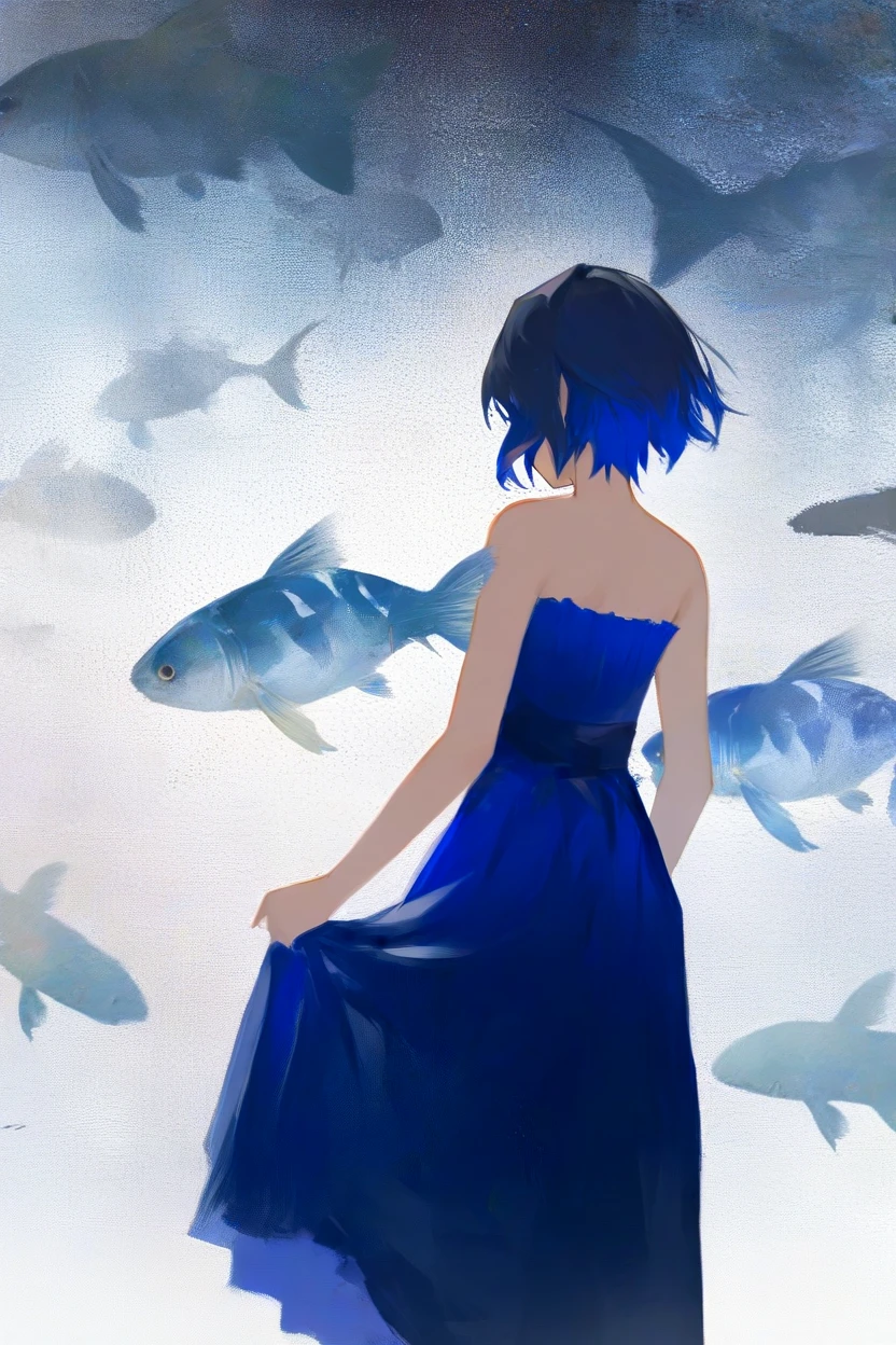 <lora:Melancholy1llust:0.8>,Melancholy,Solitude,Textured Brushstrokes,
masterpiece,good quality,newest,very aesthetic, 1girl, dress, solo, blue hair, fish, strapless, bare shoulders, blue dress, short hair, strapless dress, feet out of frame, standing, bare arms, facing away, from behind, skirt hold, animal, multicolored hair