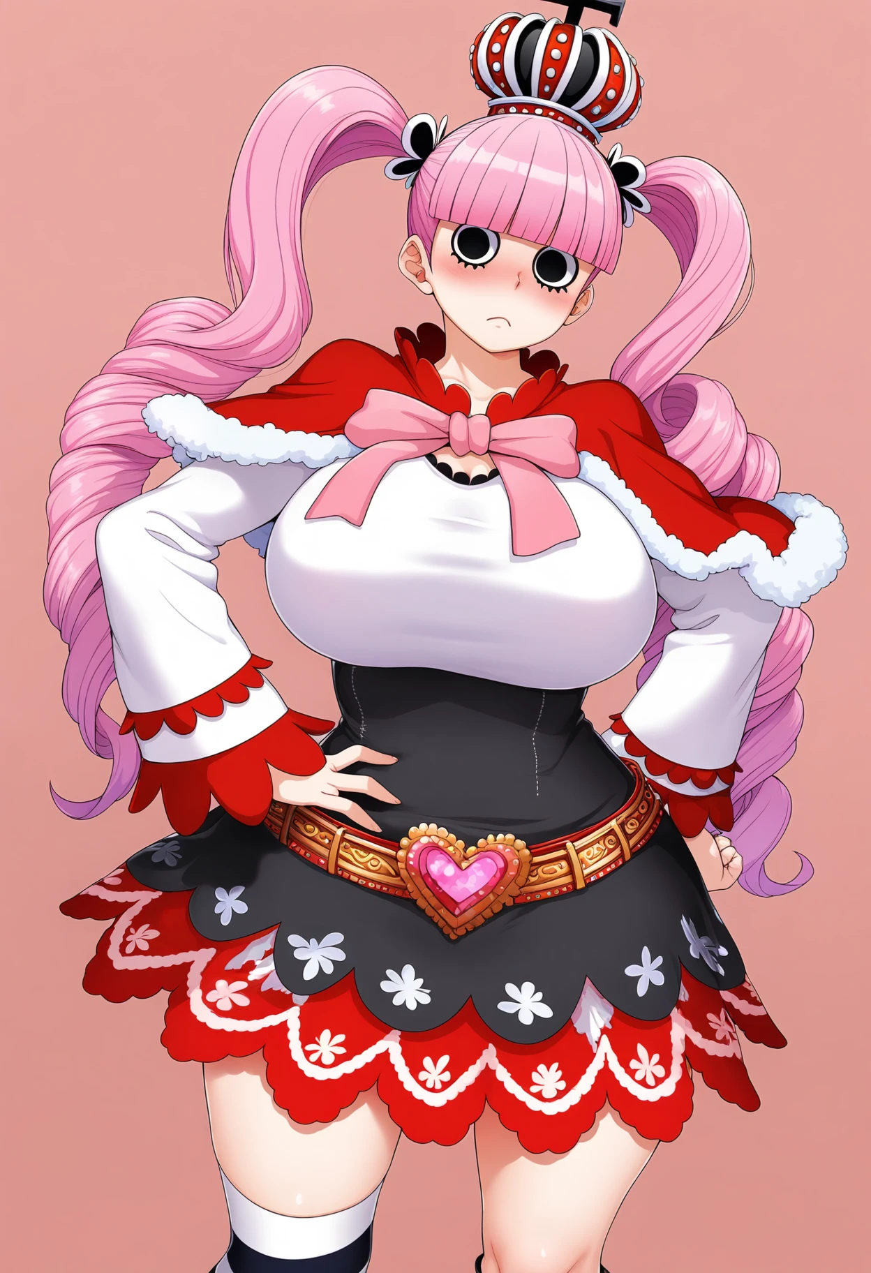 ((high detailed, best quality, 4k, masterpiece, hd:1.3)), ((best quality)), (((HD))), (((8k))), (ultraDH), (ultra HD), classroom_background, moonlight through the window, wooden room, Perona standing posing, BREAK black eyes, black eyes, seductive, attractive, sexy smile, smiling, smooth anime cg art, 36C_breasts, cleavage, 36C cleavage, long legs, vivid colors, detailed digital art, slim body, perfect skin, wet hair, looking at viewer, BREAK looking at viewer, extremely detailed face, drill hair, striped, crown, dress, skirt, ghost, red capelet, pink bowtie, striped pantyhose, crop top, red skirt, red boots, dark gothic eyeshadows, dark eyeshadows, black eyeshadows, dark_pink_sexy_lips, pink lips, dark lips, gothic painted lips, dark_pink_lips, very dark lips, pink_painted_lips, (very thin lips), thin lips, detailed lips, (dark:1.2), (perfect hands, perfect anatomy), black makeup, detailed fingers, five fingers per hand, 5 fingers, (1 girl), (solo:1.3), (breast focus), (breasts out:1.3), (off shoulder:1.15), (from above:1.3), (arms rised:1.3), (arms up:1.3),