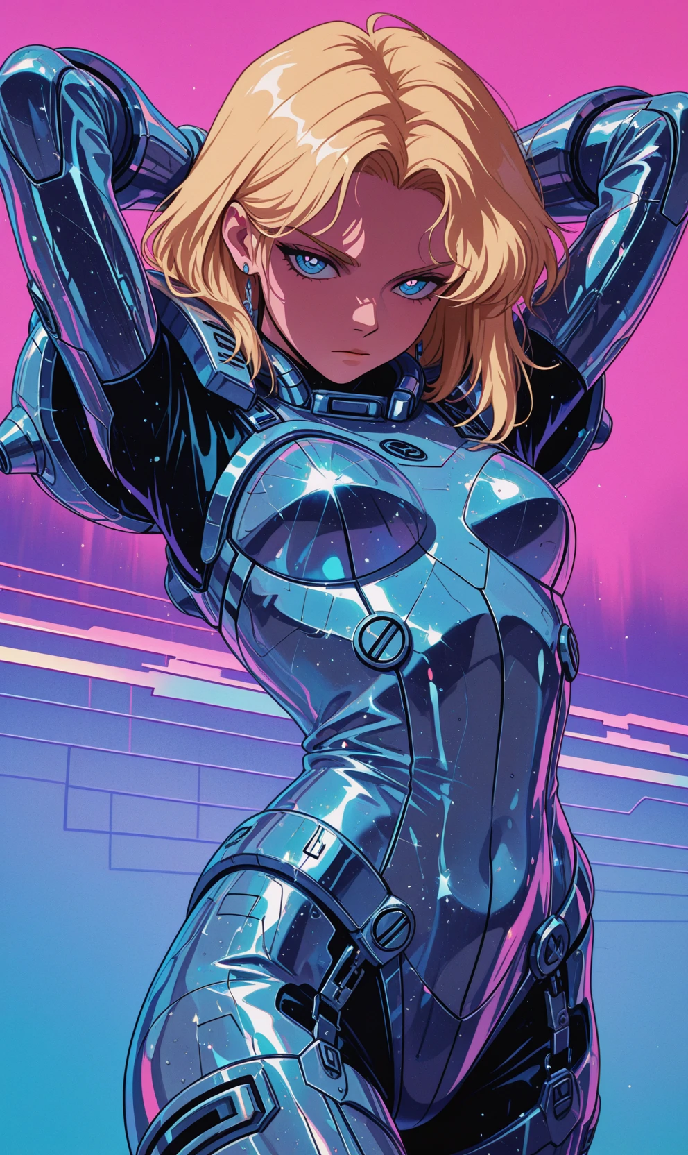 ((Best Quality)) (masterpiece) (details), masterpiece, best quality, highly detailed, color theory, Nijimixanime, (ultra detailed, very aesthetic, anime realism, 8K, 4K, 16K), 1girl, (blonde hair:1.4), (blue eyes:1.4), (loose waves:1.3), (serious expression:1.3), (futuristic metallic suit:1.6), (shiny armor:1.4), (metallic body:1.5), (arms behind head:1.4), (bold outlines:1.3), (cel shading:1.5), (halftone shading:1.3), (grainy texture:1.4), (color bleeding:1.2), (vhs glow:1.4), (film grain overlay:1.3), (hand-drawn imperfections:1.3), (soft airbrush highlights:1.2), (vibrant muted palette:1.3), (retro anime style:1.6), (synthwave background:1.6), (dreamwave elements:1.3), (vaporwave hues:1.3), (chillsynth aesthetic:1.2), (mysterious futuristic mood:1.5), high-resolution, flat cel shading, nostalgic, cinematic, highly stylized, Re5ro,