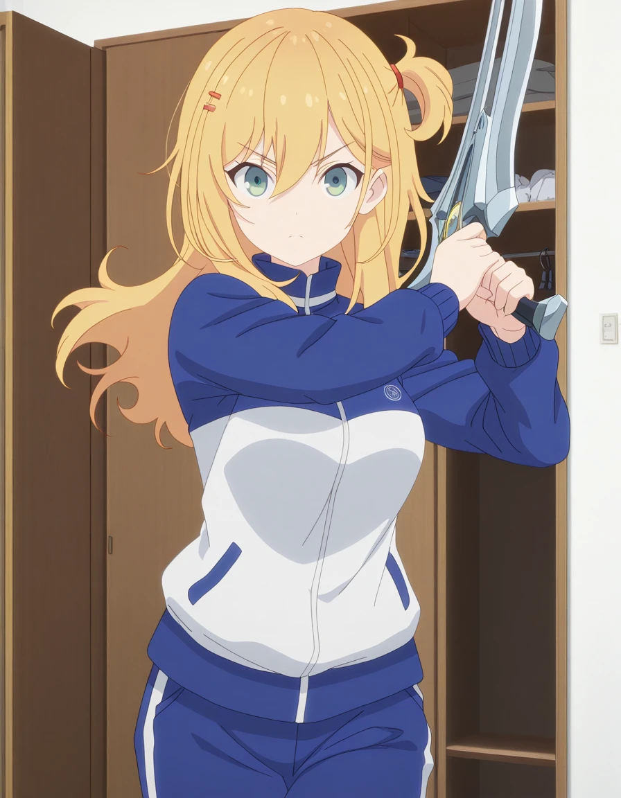 masterpiece, best quality, amazing quality,, <lora:nana-hoshi-s1-illustriousxl-lora-nochekaiser:1>, nana hoshi, long hair, blonde hair, hair ornament, hair between eyes, green eyes, hairclip, one side up, mature female, medium breasts, anime screencap, long sleeves, jacket, pants, blue jacket, track jacket, blue pants, track suit, track pants, <lora:dynamic-pose-illustriousxl-lora-nochekaiser:1>, dynamic pose, holding weapon, weapon, holding, cowboy shot, closet, clothes, shelves, hangers, storage, cowboy shot, solo, looking at viewer,