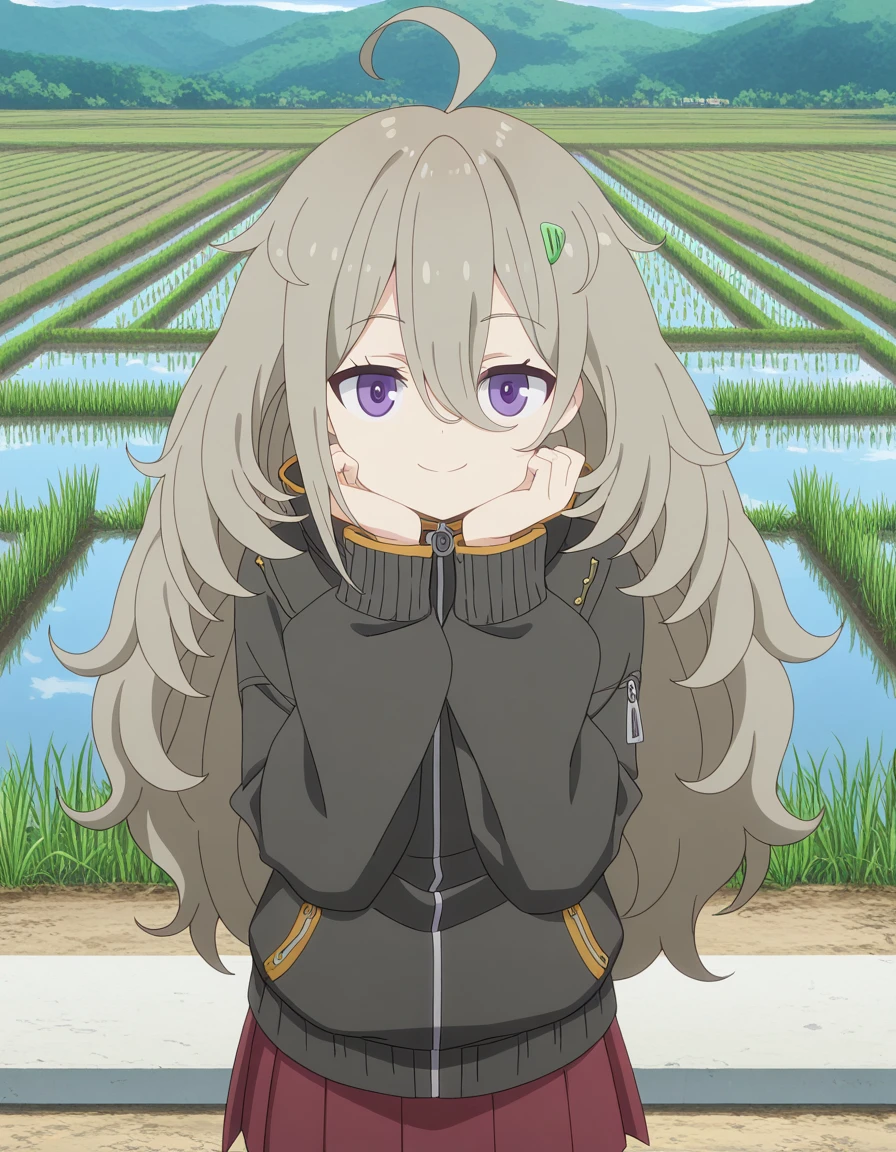 masterpiece, best quality, amazing quality,, <lora:tsutsuji-higa-s1-illustriousxl-lora-nochekaiser:1>, tsutsuji higa, long hair, hair ornament, hair between eyes, purple eyes, grey hair, ahoge, hairclip, messy hair, anime screencap, skirt, long sleeves, jacket, pleated skirt, black jacket, red skirt, zipper, zipper pull tab, head rest, smile,, rice paddy, water, green, farming, rows, cowboy shot, solo, looking at viewer,