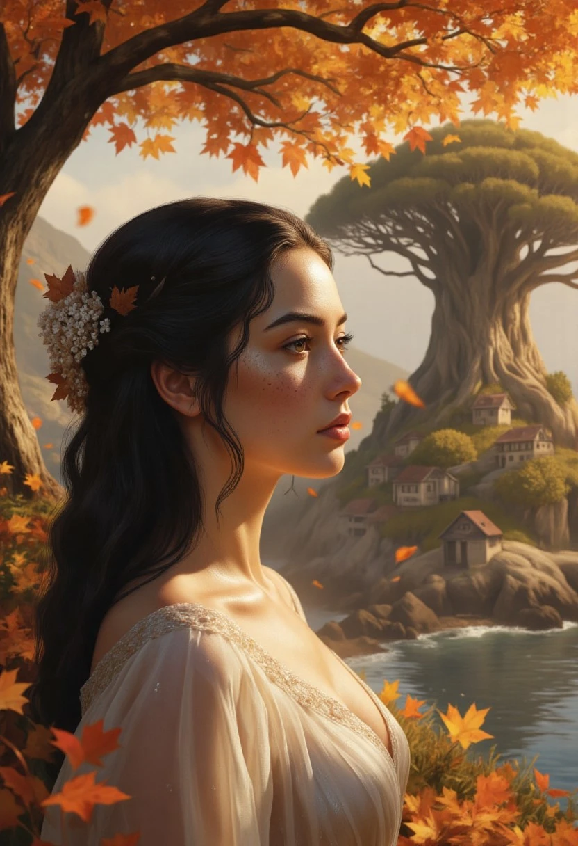 (photorealism:1.5), cinematic style, ultra-detailed portrait of a female princess with long black hair, soft freckles, thick eyebrows, long eyelashes, and deep brown eyes, wearing a sheer wet wedding dress that clings slightly to her form; standing in a serene coastal village bathed in warm golden sunlight, vibrant autumn leaves falling gently around her, gazing thoughtfully at a majestic ancient tree in the distance; high contrast, hyper-realistic textures, pensive and reflective mood, peaceful setting, dreamy atmosphere, soft lens flare, depth of field, color graded like a film still