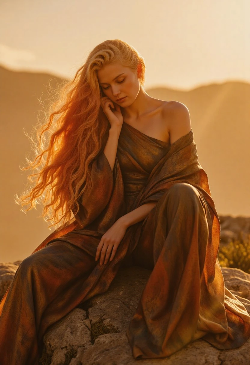 A hyper-realistic cinematic portrait of a beautiful woman with flowing orange and blonde hair, sitting pensively on a rock at golden hour. She gently adjusts her hair, lost in thought, bathed in warm sunset light. The scene features serene atmosphere, natural lighting, vibrant yet soft color grading, and intricate clothing textures. Captured in ultra high-definition with photorealistic detail, dramatic composition, and a relaxed expression evoking quiet emotion.