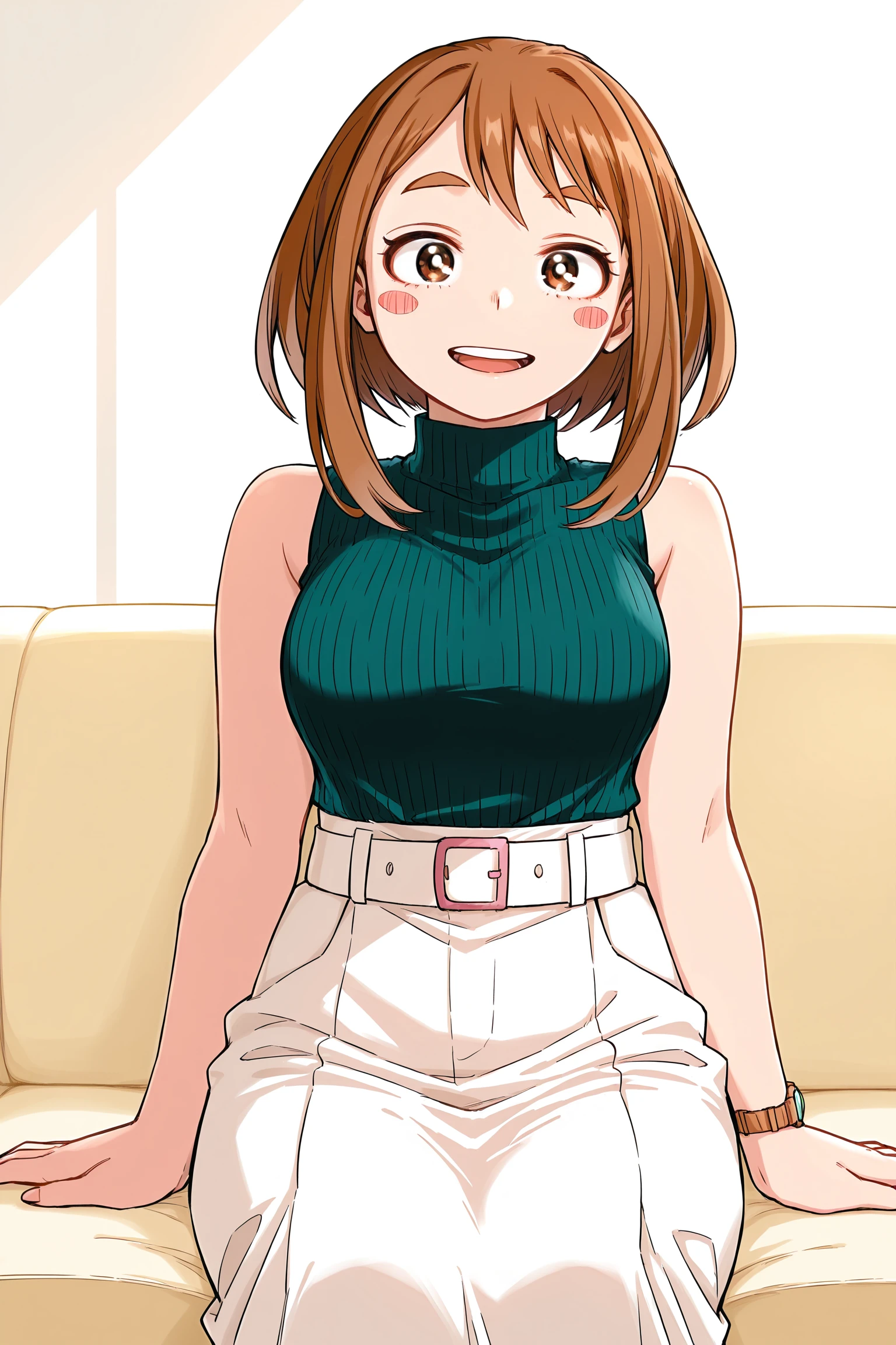 <lora:Ochako_Uraraka_My_Hero_Academia_Chapter_431:1>
Ochako casual clothing (outfit), 1girl, uraraka ochako, brown eyes, brown hair, solo, sitting, blush stickers, open mouth, looking at viewer, couch, short hair, long skirt, sleeveless, turtleneck, formal, belt, bare shoulders, watch, smile, cowboy shot