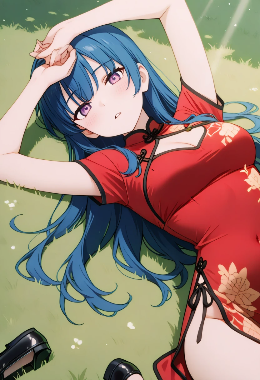 anime screencap,masterpiece,best quality, <lora:China-4v1:1> cha-4v1, 1girl, short dress, china dress, chinese clothes, red dress, short sleeves, side slit, back cutout, black footwear, cleavage
Anime screencap,masterpiece,best quality, solo, 1girl, looking at viewer, bokeh, luminescent background, arm up, blush, lying, on back, parted lips, grass, sunlight.
<lora:Mizerhyby_v1:0.9> 1girl, long blue hair, bangs, purple eyes, medium breast,
