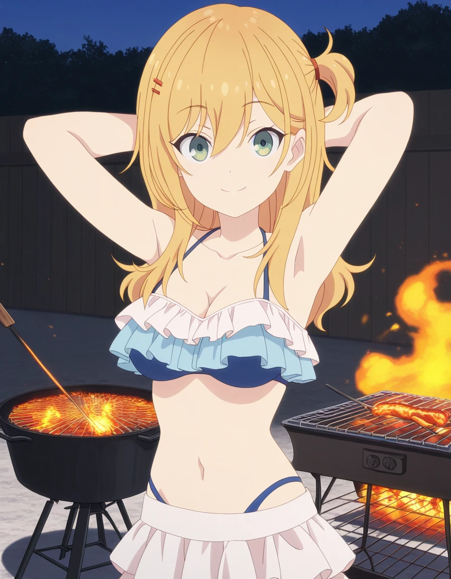 masterpiece, best quality, amazing quality,, <lora:nana-hoshi-s1-illustriousxl-lora-nochekaiser:1>, nana hoshi, long hair, blonde hair, hair ornament, hair between eyes, green eyes, hairclip, one side up, mature female, medium breasts, anime screencap, skirt, navel, cleavage, bare shoulders, collarbone, swimsuit, bikini, frills, white skirt, blue bikini, frilled bikini, bikini skirt, hands behind head,, backyard, barbecue, grilling, laughter, summer evening, cowboy shot, solo, looking at viewer,