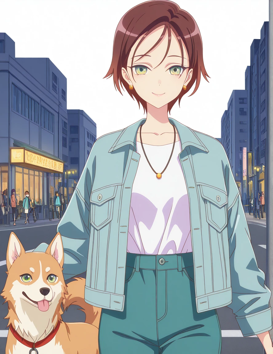 masterpiece, best quality, amazing quality,, <lora:kyouka-kitahara-s1-illustriousxl-lora-nochekaiser:1>, kyouka kitahara, short hair, brown hair, green eyes, mature female, small breasts, anime screencap, shirt, long sleeves, jewelry, jacket, collarbone, white shirt, earrings, open clothes, necklace, open jacket, blue jacket, denim jacket, head rest, smile,, city street, evening, streetlights, walking dog, quiet neighborhood, gentle breeze, cowboy shot, solo, looking at viewer, <lora:transparent-background-illustriousxl-lora-nochekaiser:1>, transparent background, simple background, white background