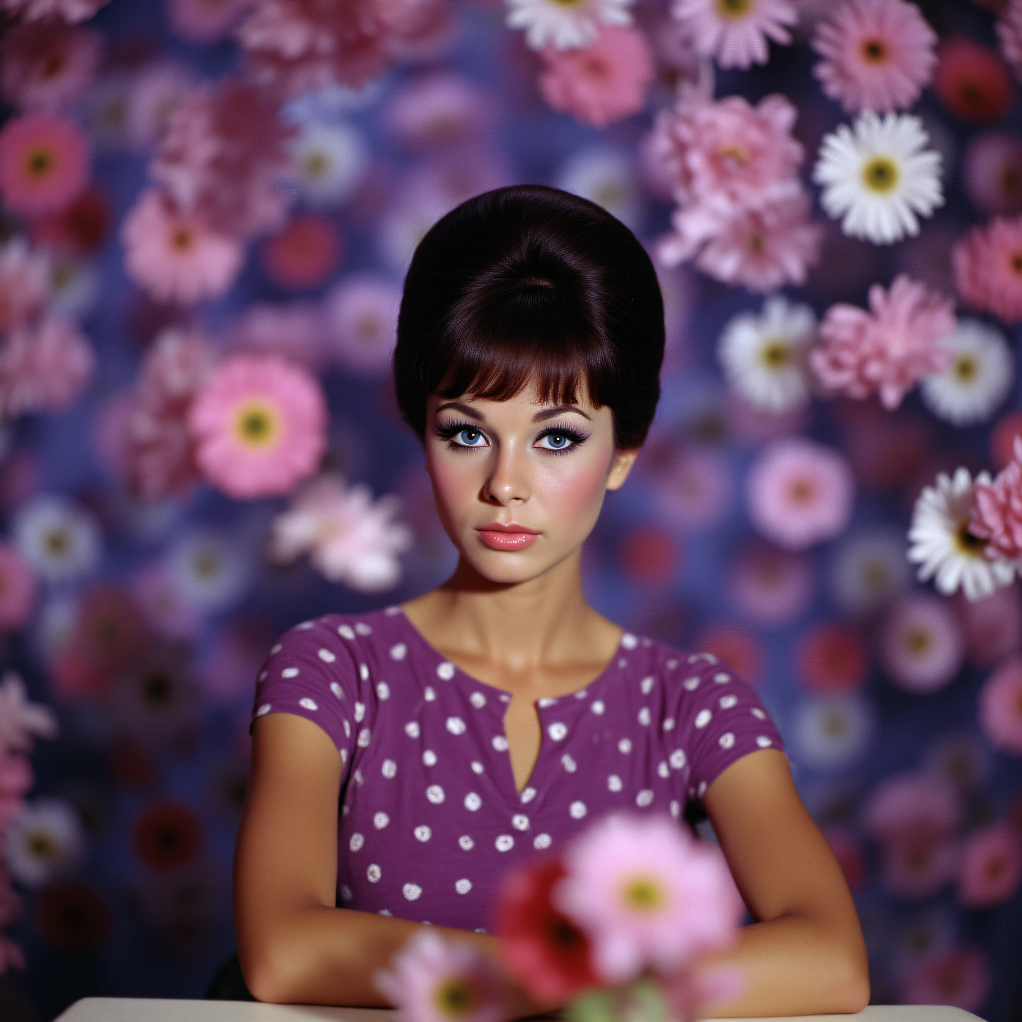 ArsMovieStill, movie still from a 60s psychedelic movie, The image shows a young woman sitting at a table with a vase of flowers in front of her. She is wearing a purple dress with white polka dots and her hair is styled in an updo. The woman is looking directly at the camera with a serious expression on her face. The background is filled with pink and white flowers that are falling down from the ceiling creating a romantic and dreamy atmosphere. The overall mood of the image is one of love and romance., 1girl, solo, black hair, blue eyes, bangs, short hair, indoors, table, flower, lips