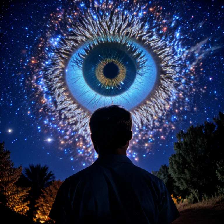 <lora:60sPsychadelicMovieMJ7SD1:1> ArsMovieStill, movie still from a 60s psychedelic movie, The image shows a person standing in front of a large colorful eye. The eye is the focal point of the image with its iris and pupil clearly visible. The iris is a deep blue color with a hint of purple and orange. The pupil is a lighter shade of blue and it appears to be glowing. The person is looking up at the eye with a curious expression as if they are deep in thought. The background is a dark starry night sky with planets and stars visible in the distance. The image is taken from a low angle with the person's back facing the viewer., 1boy, sky, star (sky), male focus, solo, from behind, starry sky, cloud, night, night sky